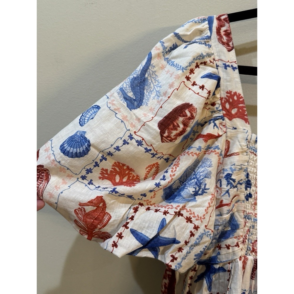 Nobody's Child Nova Print Puff Sleeve Maxi Dress Nautical Linen Beach Shells‎ - Picture 13 of 16